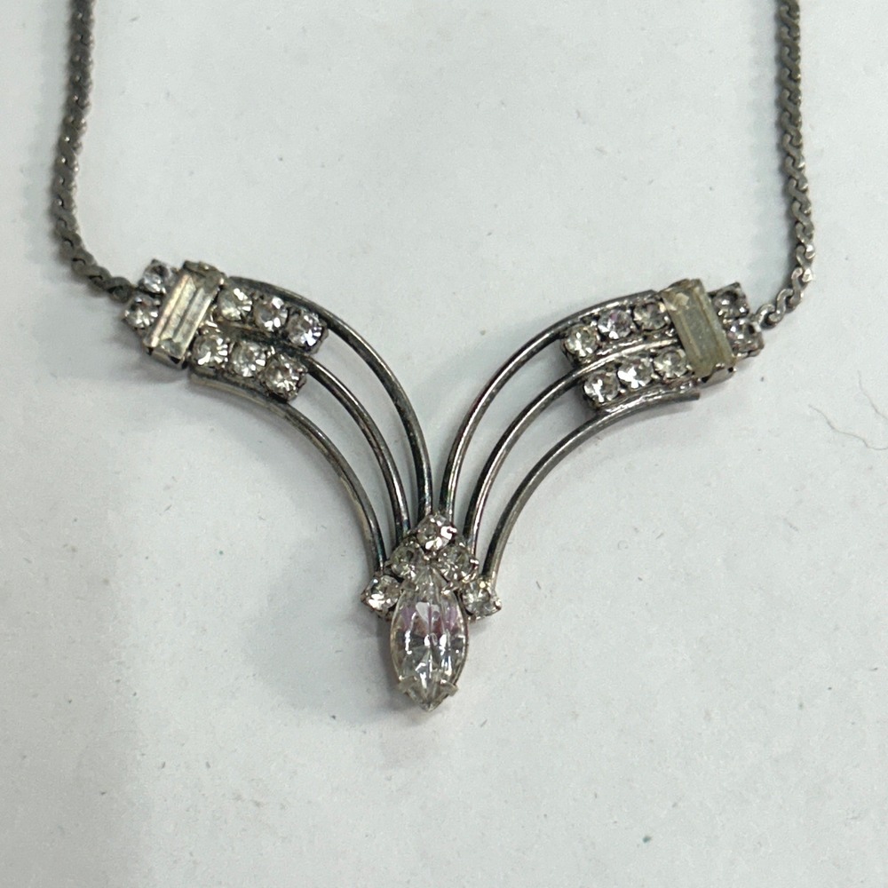 Art Deco Rhinestone Marquise Drop Necklace OS Silver Vintage Glamour‎ Glam
